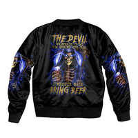 Black bomber jacket with ribbed collar and cuffs, blue skull reaper back graphic