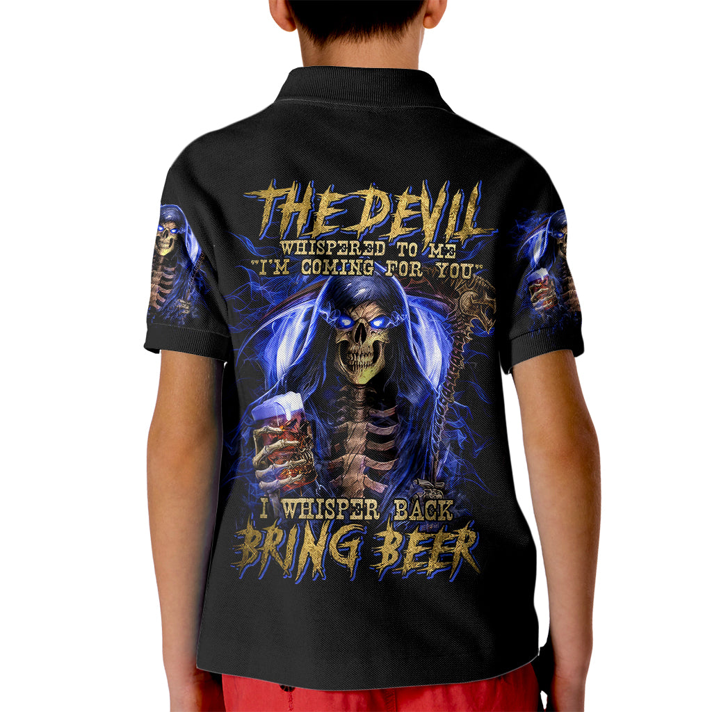 Skull Reaper Kid Polo Shirt The Devil Whispered To Me I Whisper Back Bring Beer - Wonder Print Shop