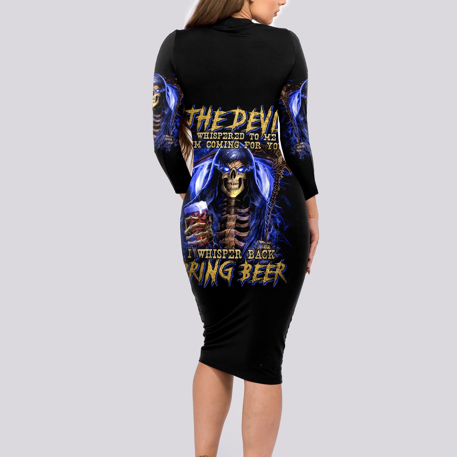 Skull Reaper Long Sleeve Bodycon Dress The Devil Whispered To Me I Whisper Back Bring Beer - Wonder Print Shop