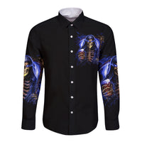 Black long-sleeve button shirt with blue skull devil graphic on front