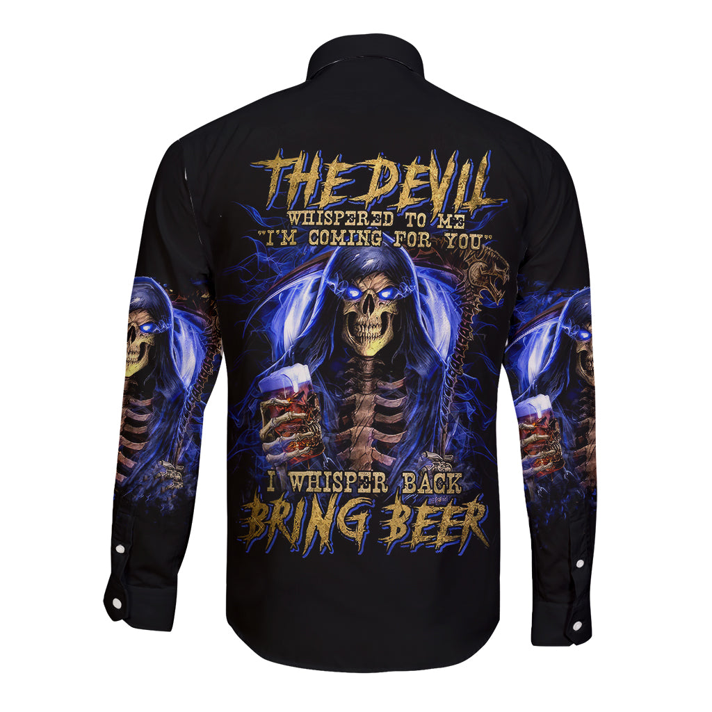 Black long-sleeve button shirt with blue skeleton skull graphic on back