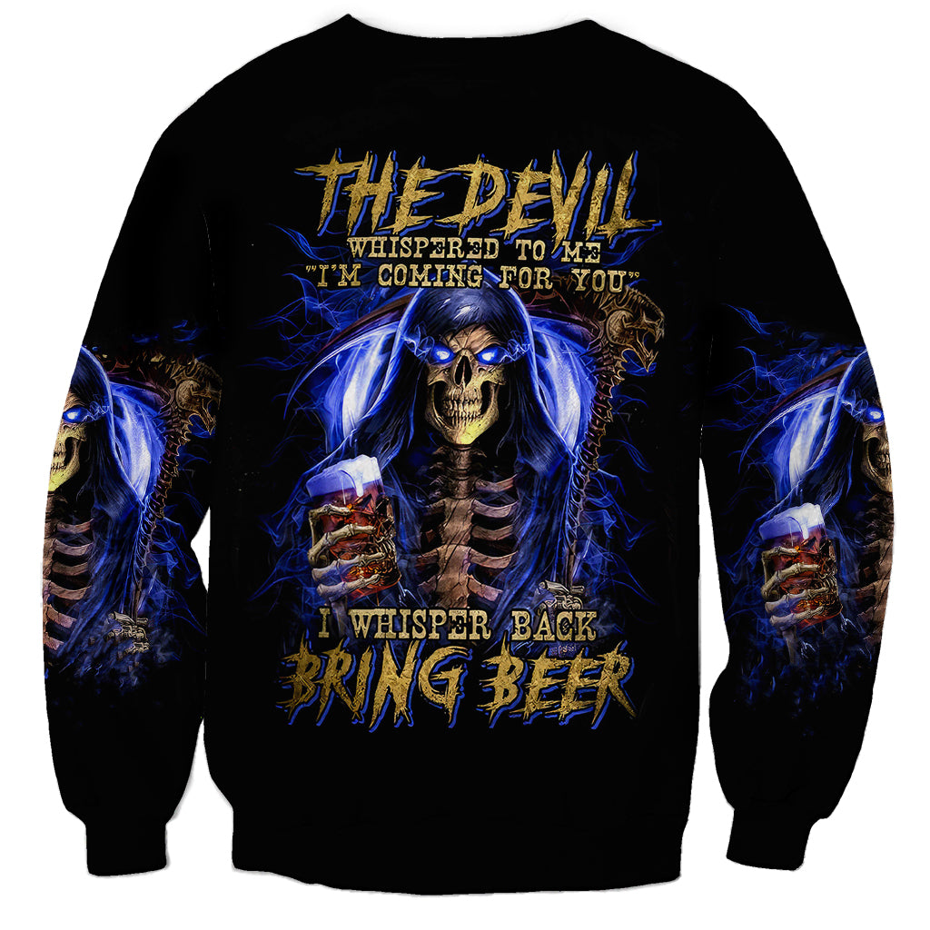 Black unisex sweatshirt with blue skull reaper graphic and Bring Beer text on front