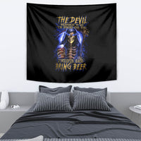 Black tapestry wall hanging with blue devil skull and gold text design