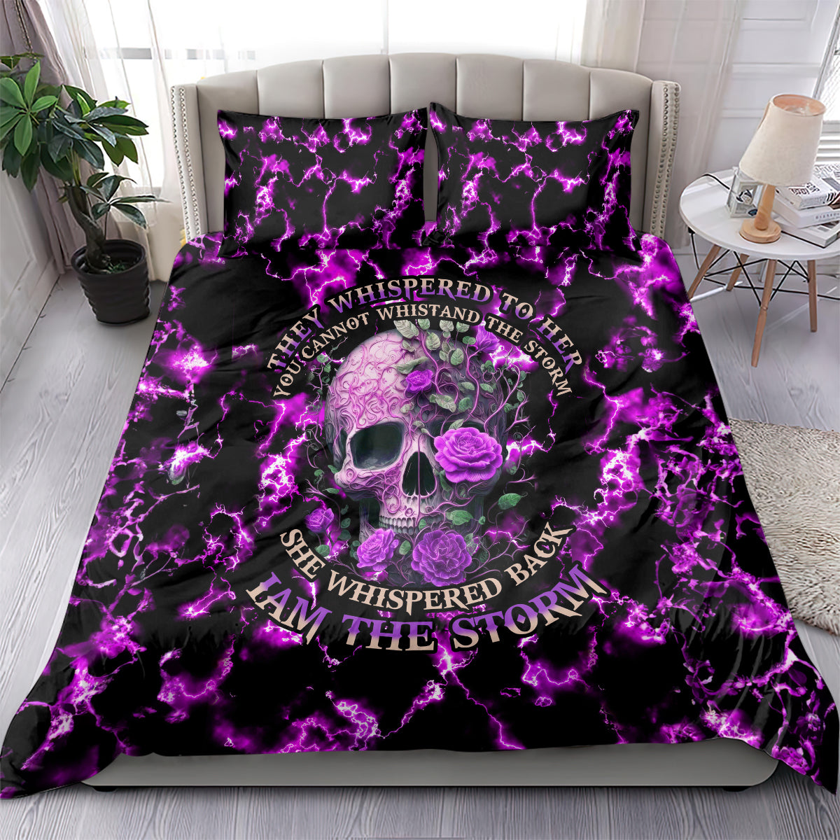 Purple bedding set with skull and roses, purple lightning pattern, text accents