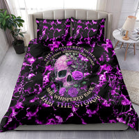 Purple bedding set with skull and roses, purple lightning pattern, text accents