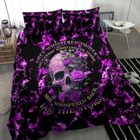 Purple duvet cover with skull, roses, and purple lightning; decorative slogan text