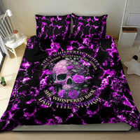 Purple bedding set featuring skull-and-rose artwork with vivid purple lightning