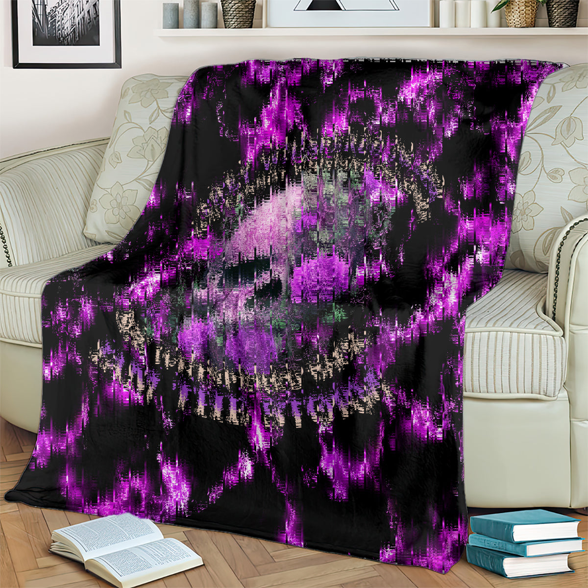 Purple electric lightning skull rose blanket laid across striped armchair