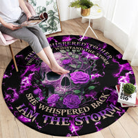Round purple-and-black skull graphic carpet with lightning and roses