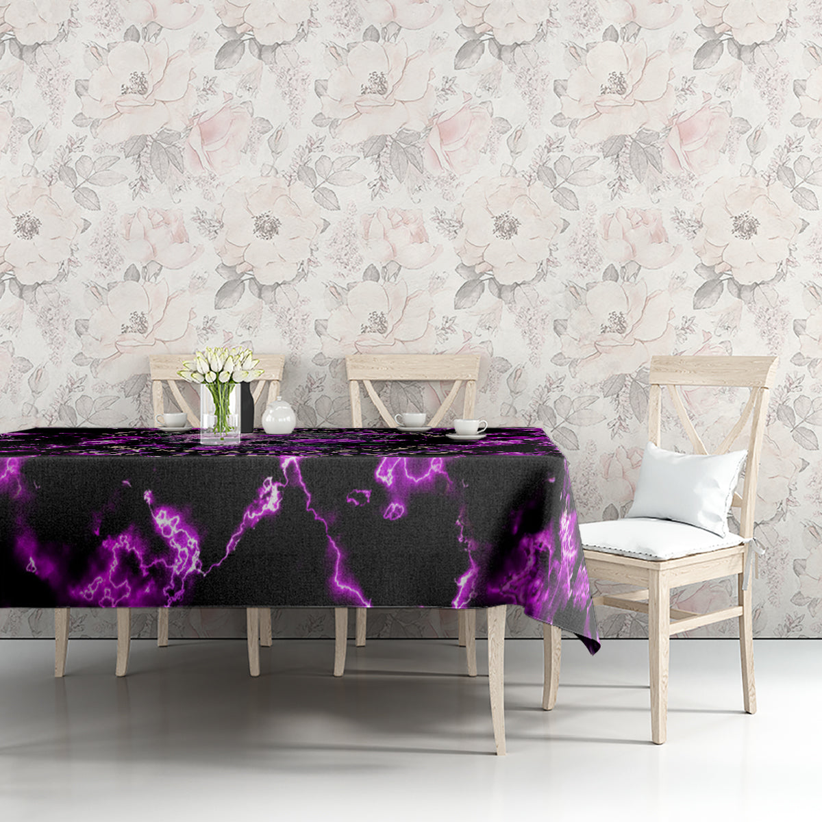 Purple and black lightning tablecloth with skull design on dining table