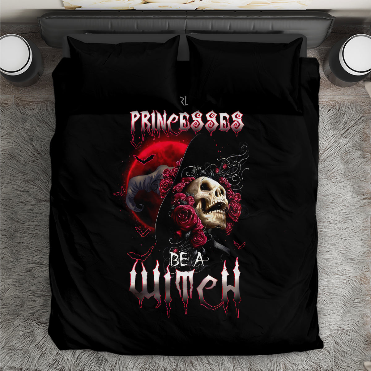 Black duvet bedding with centered skull-and-roses graphic and decorative gothic lettering