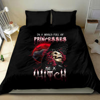 Black duvet with skull and rose artwork, gothic “witch” lettering, and two matching pillows