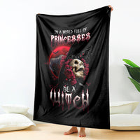 Black witch skull blanket draped vertically, featuring red roses and skeleton face