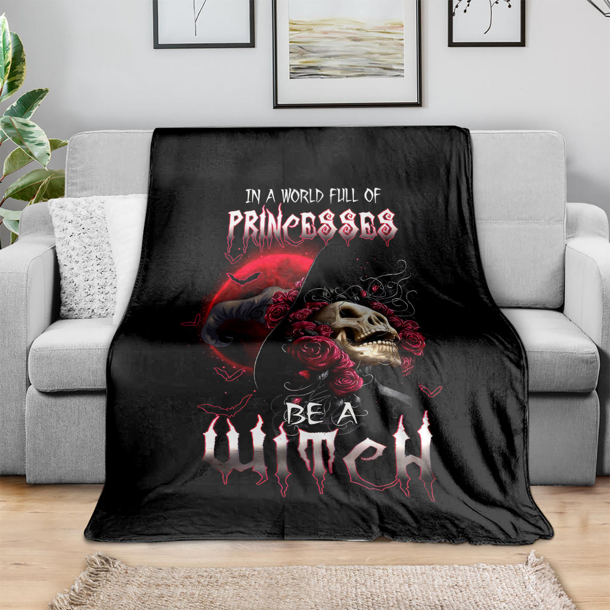 Black witch skull blanket with red roses and dripping horror text