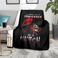 Black witch skull blanket with red roses and skull graphic, bold gothic wording