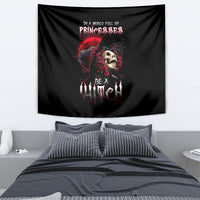Black witch-themed wall tapestry with skull, roses, and “Be a witch” text design.