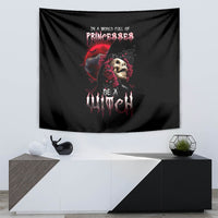 Black wall tapestry with central skull illustration, red accents, and “Be a witch” text.