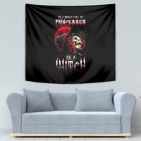 Black witch skull tapestry with red rose graphics and “Be a witch” slogan.