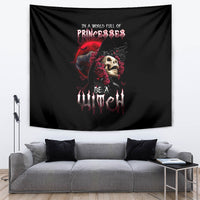 Black gothic tapestry showing a skull, red roses, and dark “Be a witch” lettering.