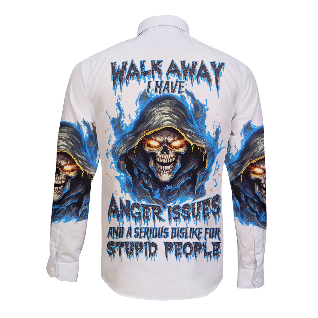 Death Skull Long Sleeve Button Shirt Walk Away I Have Anger Issues And Dislike For Stupod People - Wonder Print Shop