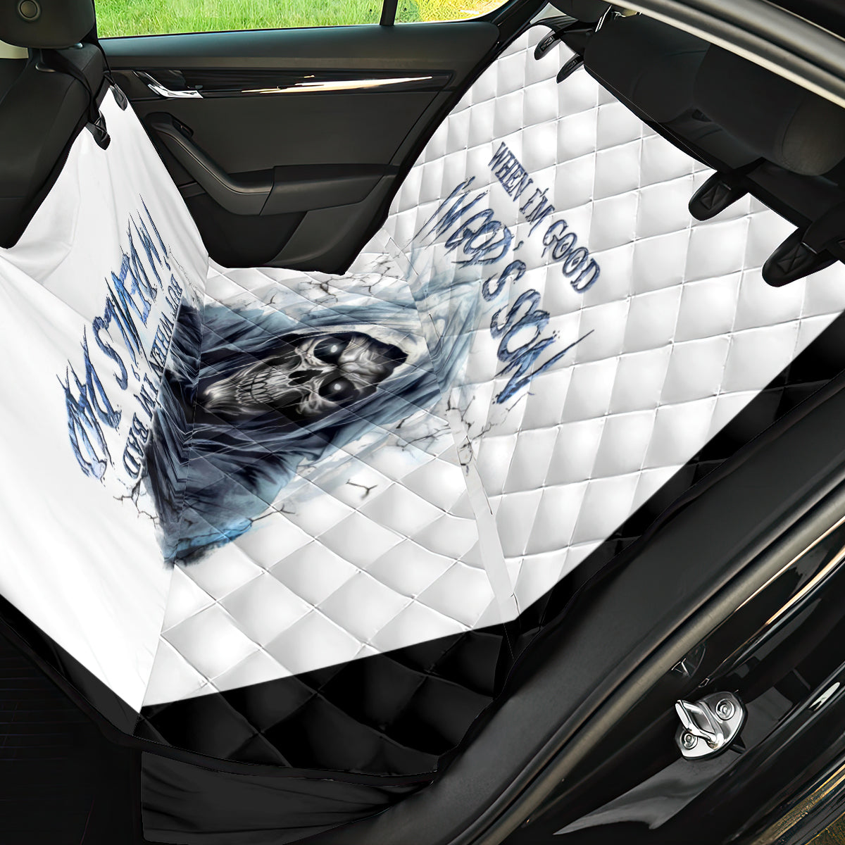 Death Skull Back Car Seat Cover When I'm Good I God's Son But When I'm Bad I'm Devil's Dad - Wonder Print Shop