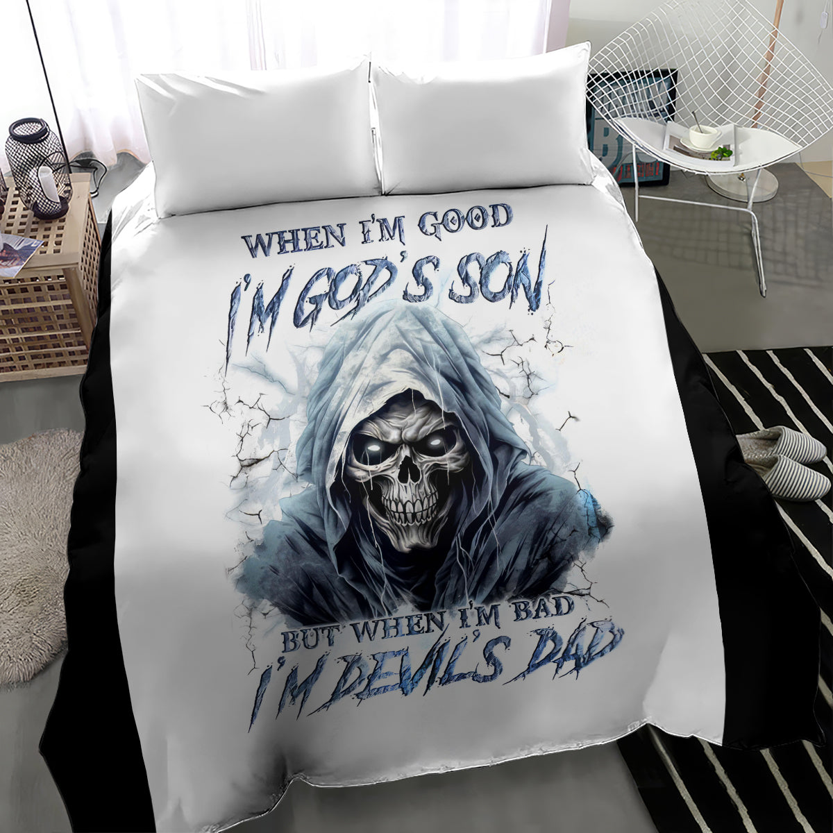 White duvet bedding set with hooded skull in blue, crack lines, two pillows