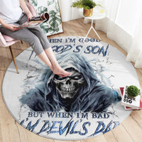 Round carpet with blue skull graphic, hooded face, and cracked lightning pattern