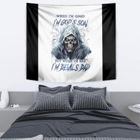 Black-and-white hanging tapestry with hooded skull graphic in the center