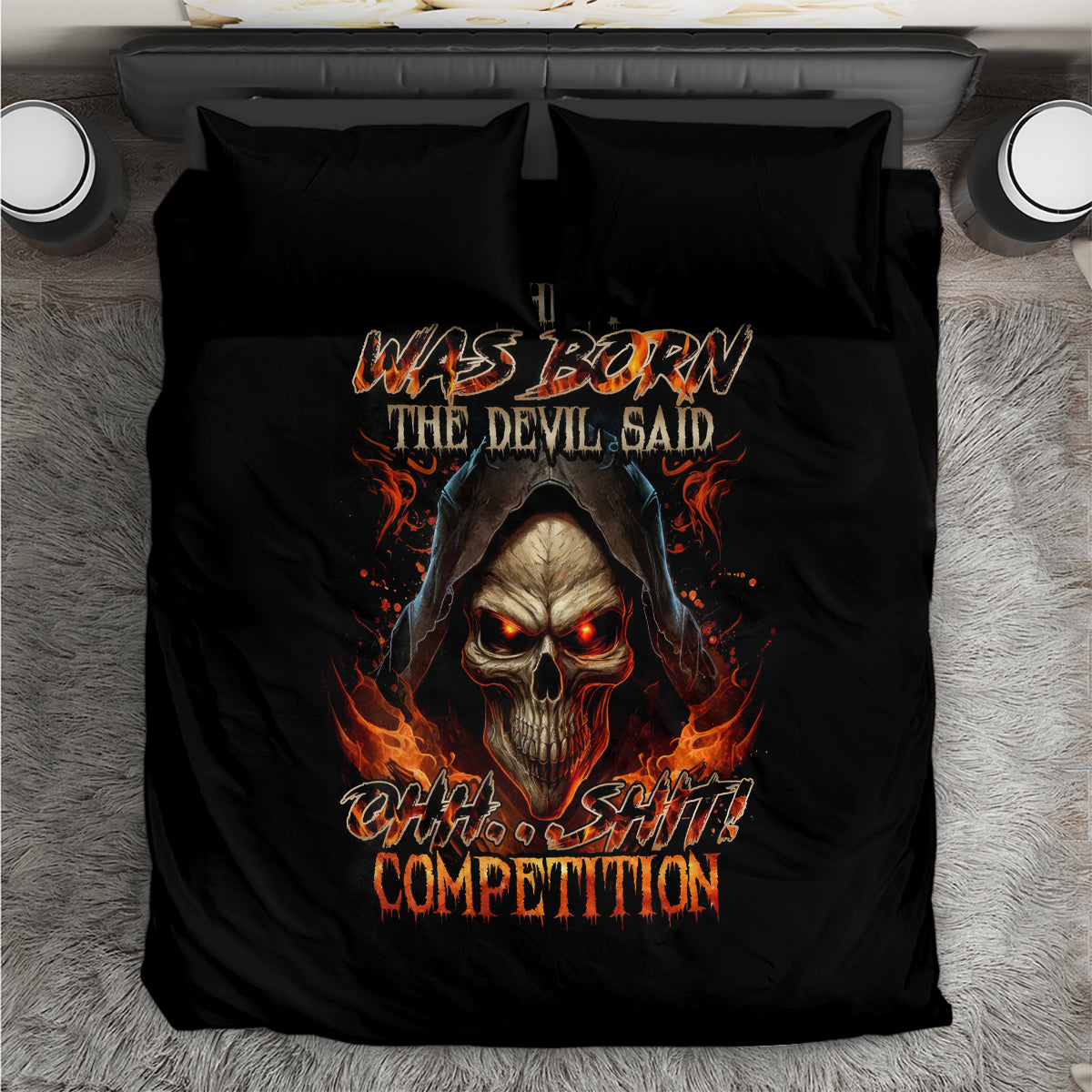 Black duvet cover set featuring glowing skull head with flames and bold competition text