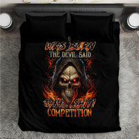 Black duvet cover set featuring glowing skull head with flames and bold competition text