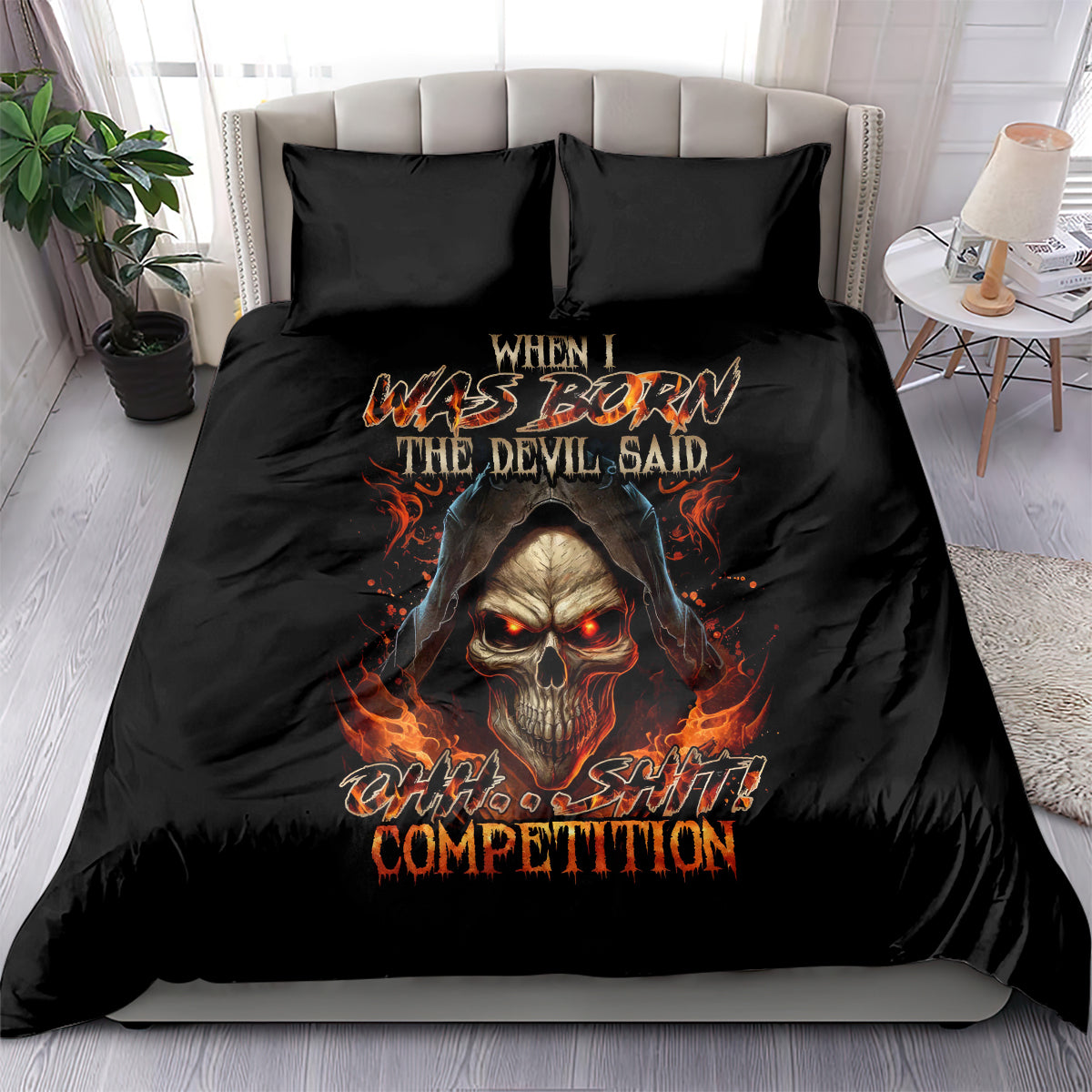 Black flame skull duvet cover set with flaming text and two matching pillowcases