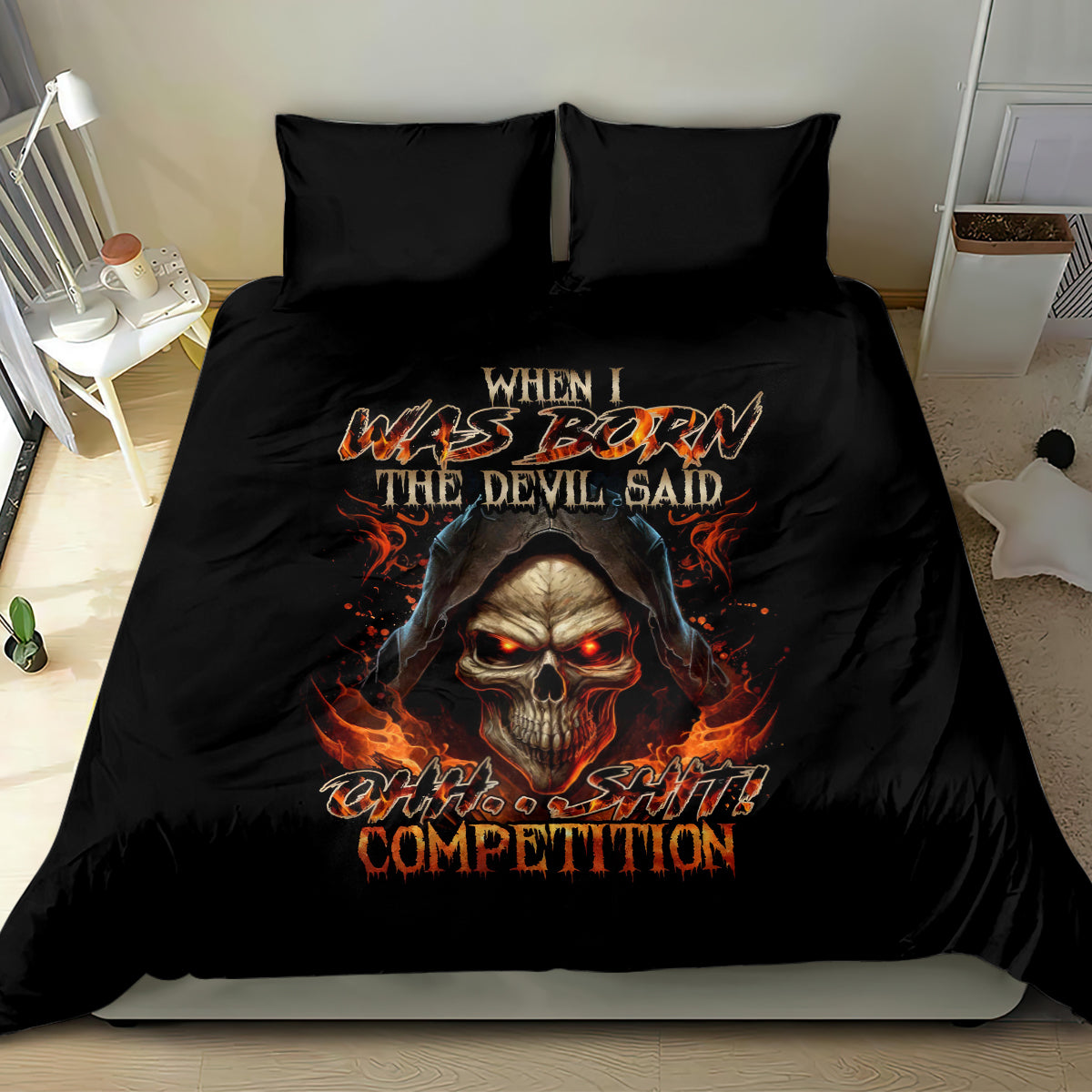 Black duvet cover set with hooded skull, flames, and graphic lettering; two pillows