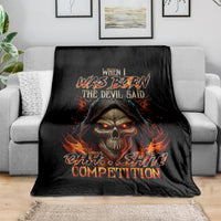 Black flame skull graphic blanket with fiery text and hooded skull design