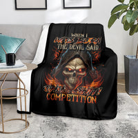 Black flame skull throw blanket with glowing skull eyes and fiery COMPETITION text