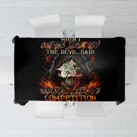 Black tablecloth featuring central flame skull print with bold Halloween-style text