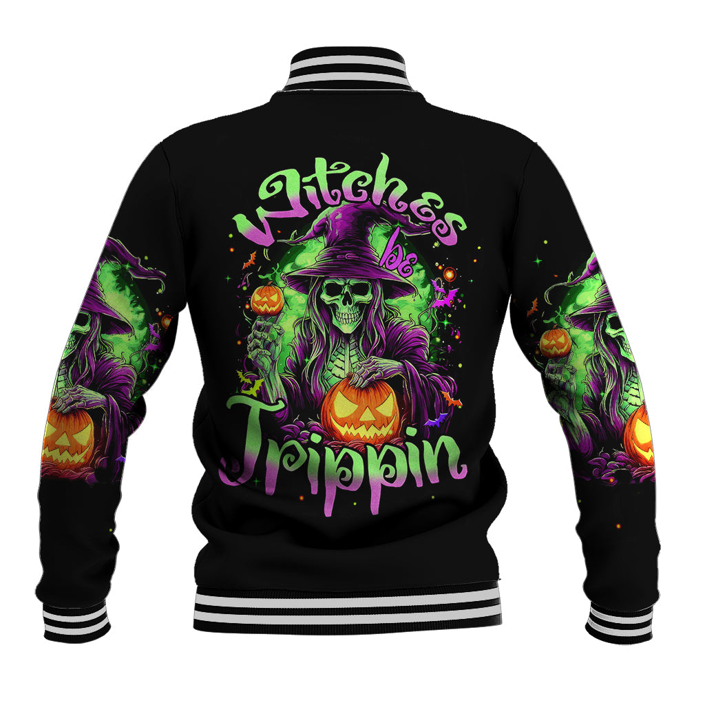 Unisex black baseball jacket, striped rib collar and cuffs; purple witch skull with pumpkin