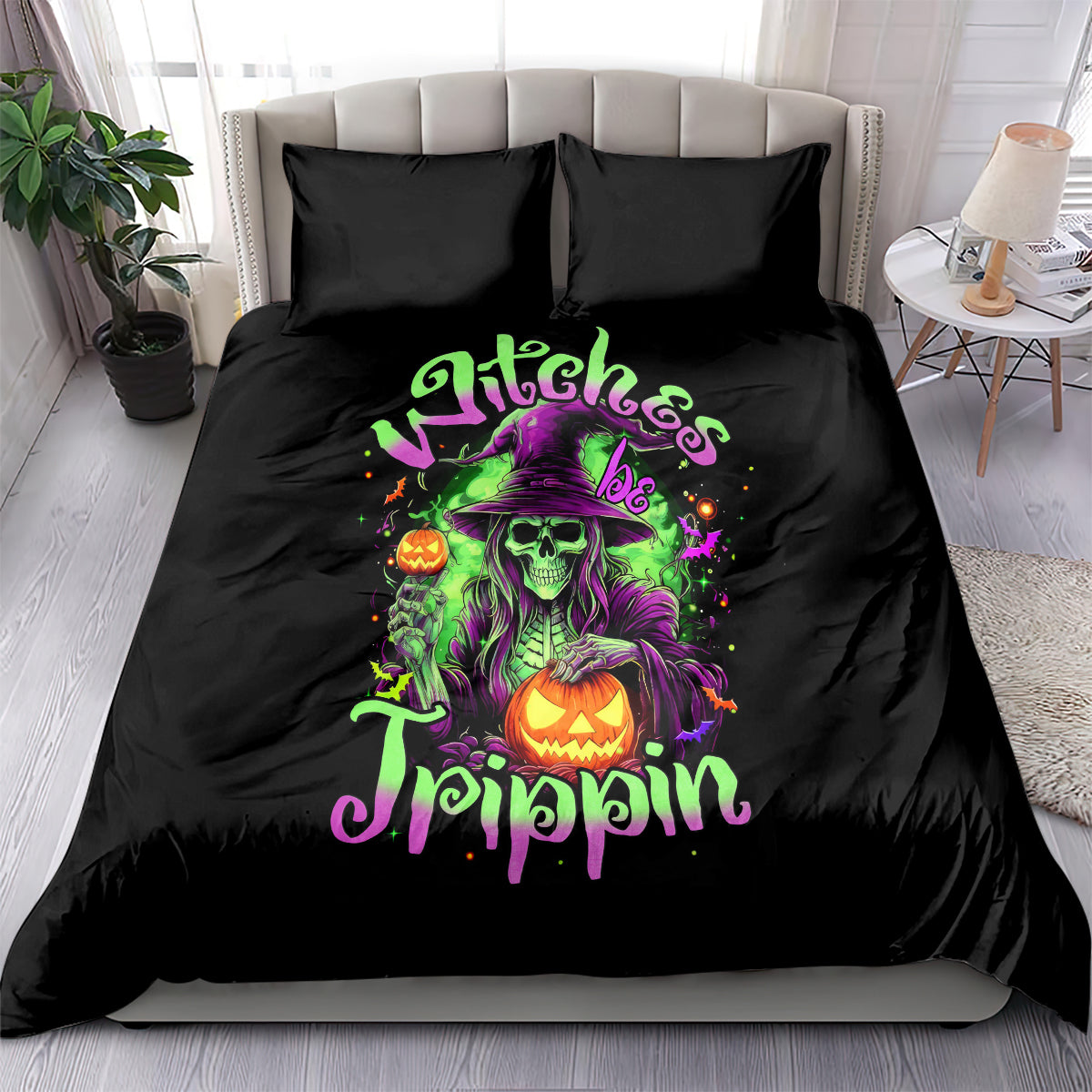 Black witch skull bedding set with pumpkin, green/purple graphic and lettering, 2 pillows