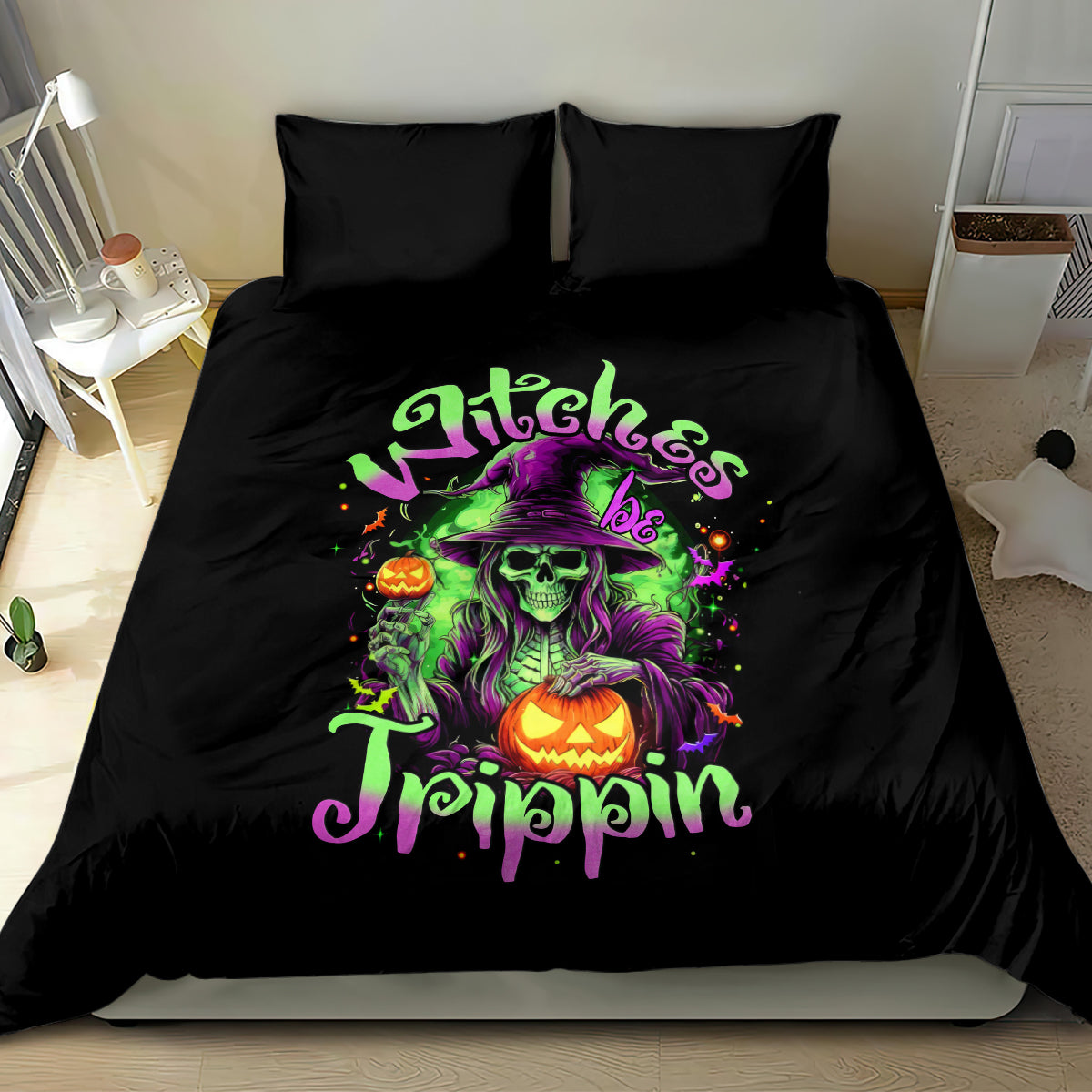 Black witch skull bedding set with jack-o'-lantern and neon lettering, 2 pillows