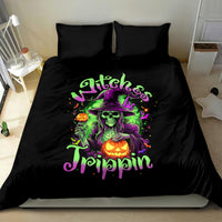 Black witch skull bedding set with jack-o'-lantern and neon lettering, 2 pillows