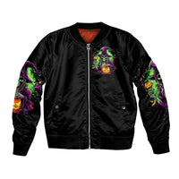 Black bomber jacket with front zipper, neon witch skull pumpkin graphic, ribbed hem
