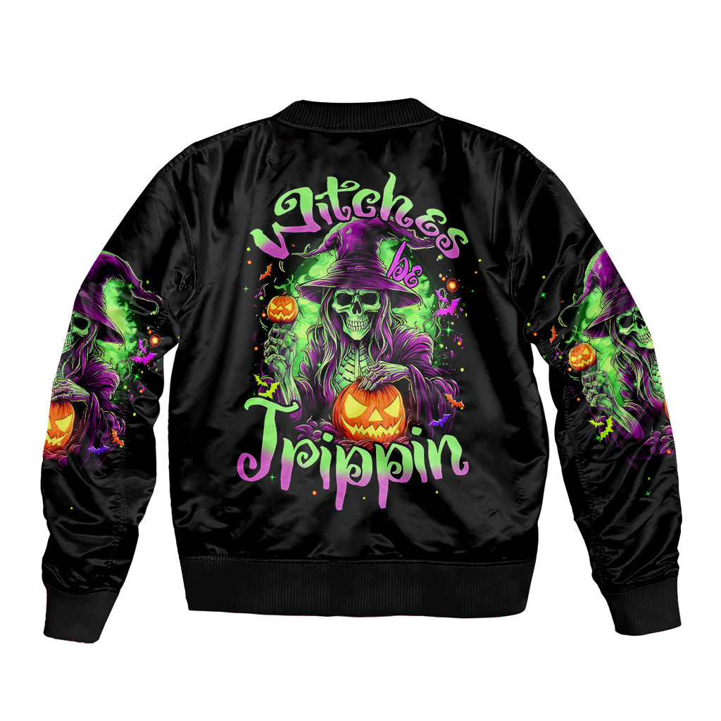 Black bomber jacket with neon witch skull and pumpkin back graphic, ribbed cuffs