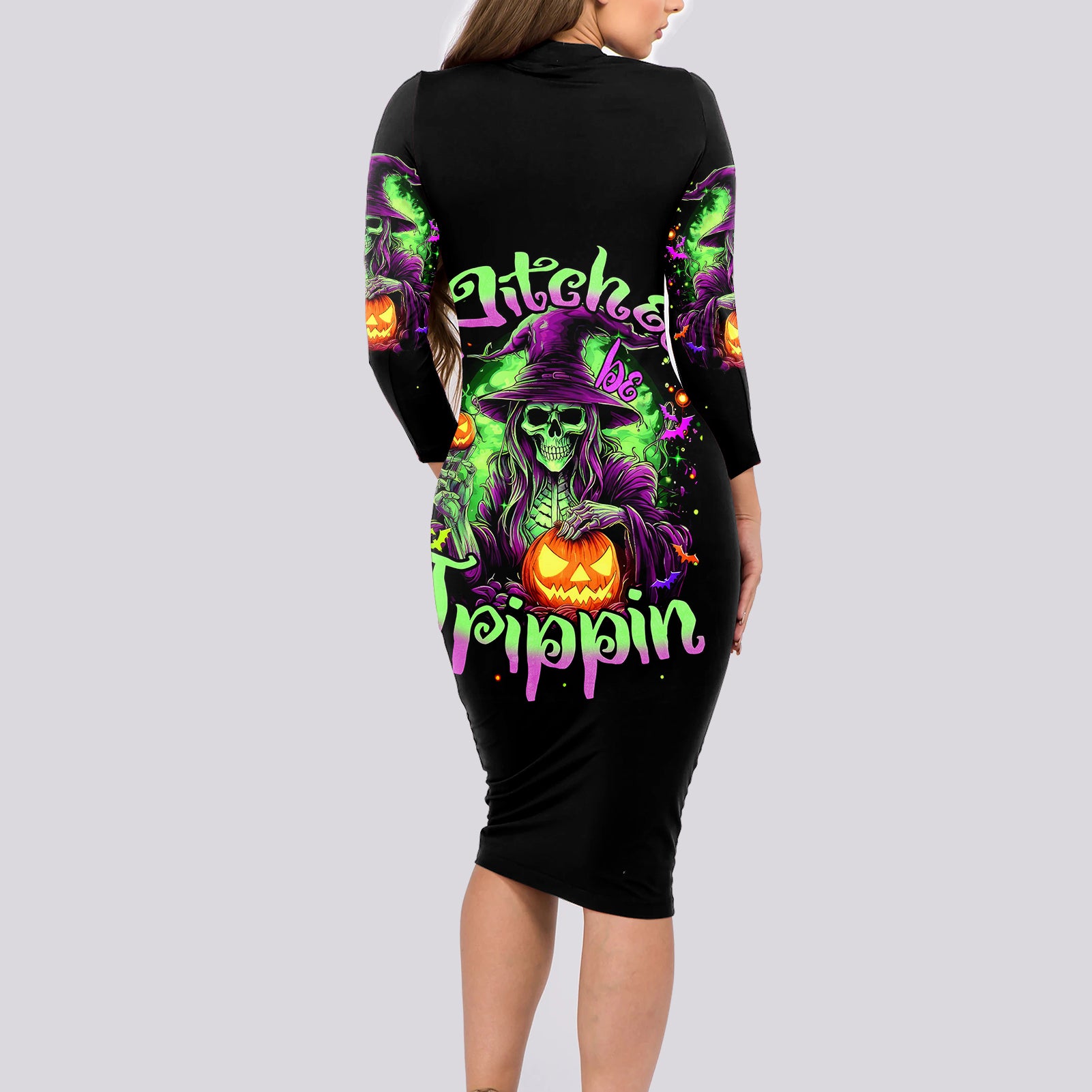 Pumpkin Witch Skull Long Sleeve Bodycon Dress Witches Be Trippin - Wonder Print Shop