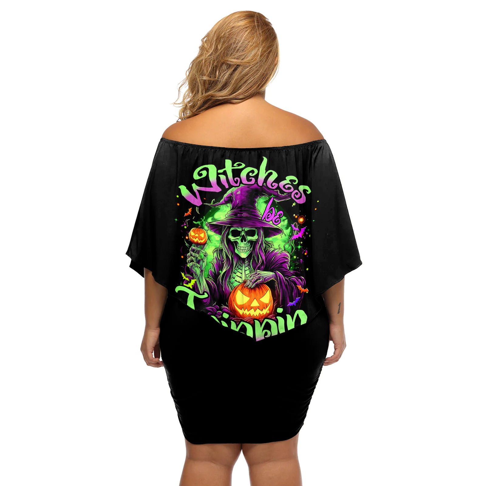 Pumpkin Witch Skull Off Shoulder Short Dress Witches Be Trippin - Wonder Print Shop