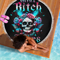 Black round beach blanket with skull, blue butterflies, and pink roses