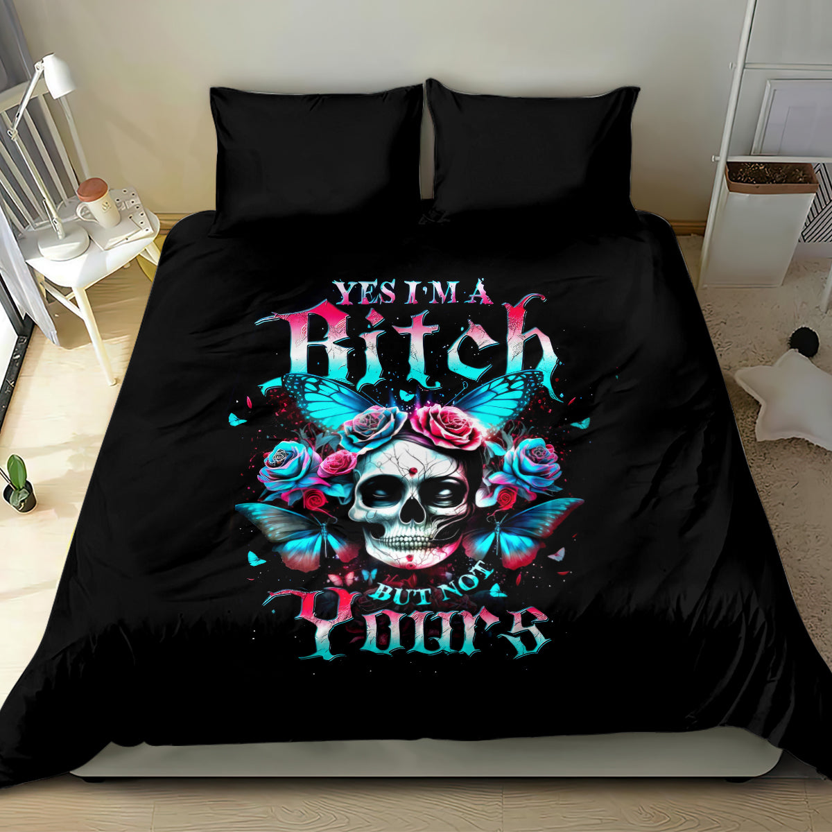 Black duvet cover set with neon skull and roses butterfly graphic, two matching pillows