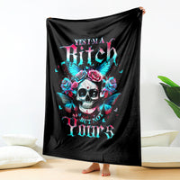 Black skull blanket with teal butterfly wings, pink roses, and large gothic slogan print
