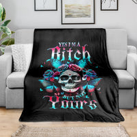 Black skull-and-butterfly graphic blanket with rose crown and bold slogan text