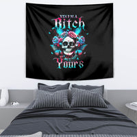 Black butterfly skull tapestry with colorful roses and graphic text design