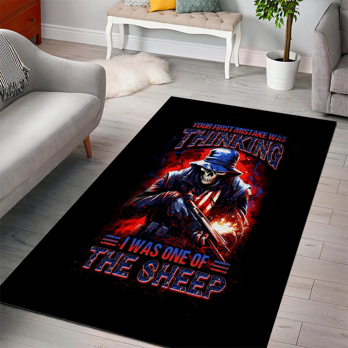 Black area rug with colorful skull-soldier graphic in red, blue, and white.