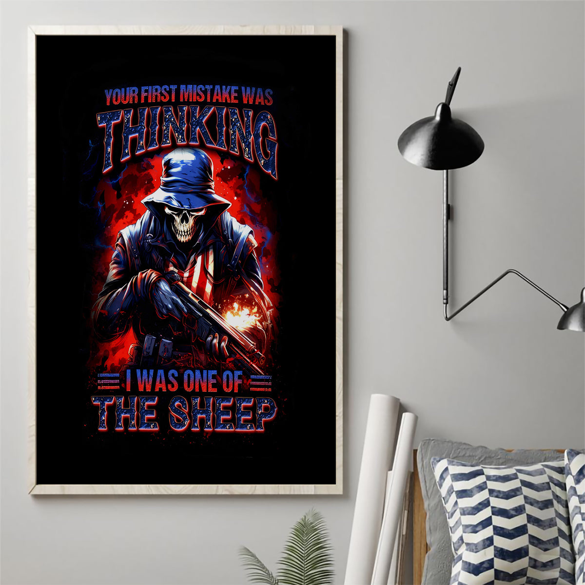 Framed canvas wall art with soldier skull figure holding a rifle and bold text